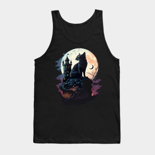 Black Cat On A Dark Castle With Big Moon Tank Top